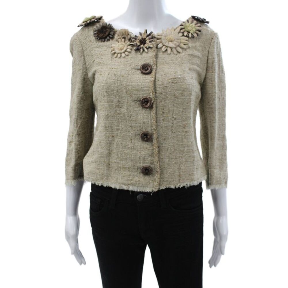 Moschino Women Beige Button 3/4 Sleeve Round Neck Flower Jacket Size S